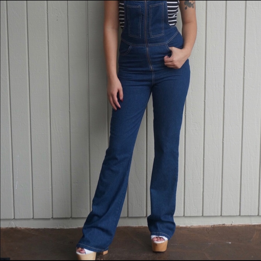 Flare denim overalls